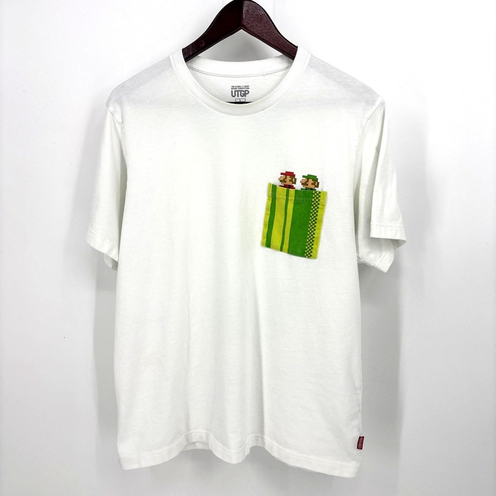 Uniqlo Super Mario Shirt Mens Large White Pocket Luigi Graphic Tee Nintendo